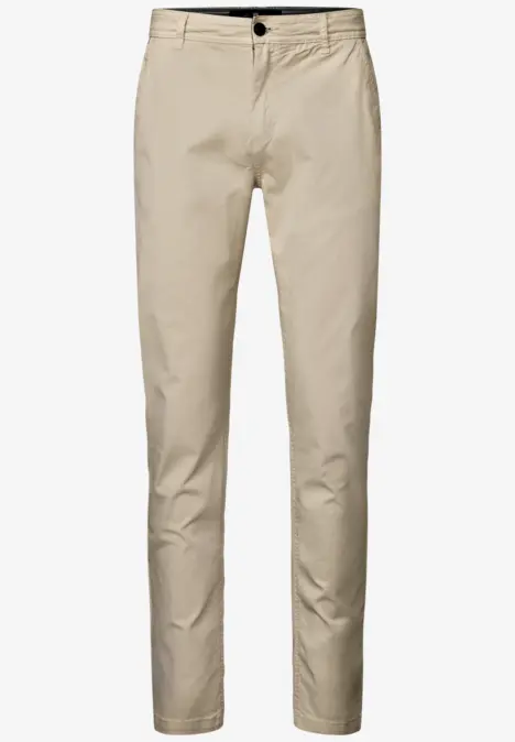 Beżowe spodnie chino w slim fit z lekkiej bawełny, zapinane na guzik i zamek.