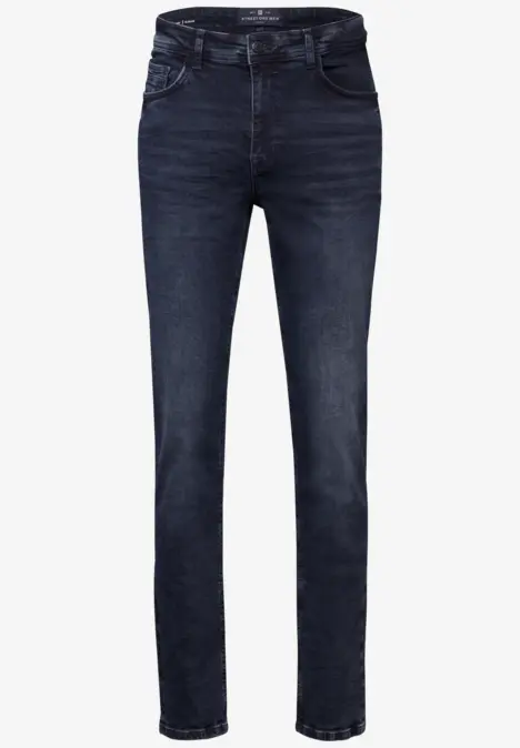 Dunkelblaue Jeanshose mit schmalem Schnitt und fünf Taschen.
