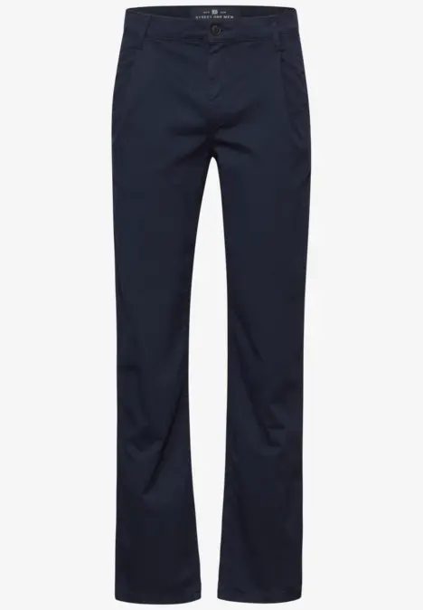 Dunkelblaue Stoffhose mit geradem Schnitt und seitlichen Taschen.