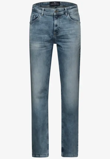 Blaue Jeanshose mit leichter Waschung, klassisches Design, gerade geschnitten.