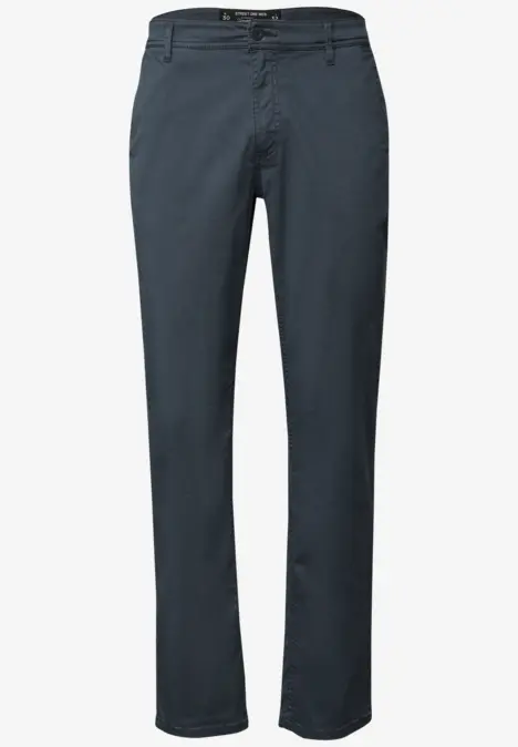 Dunkelblaue gerade Hose mit Knopf und Gürtelschlaufen.