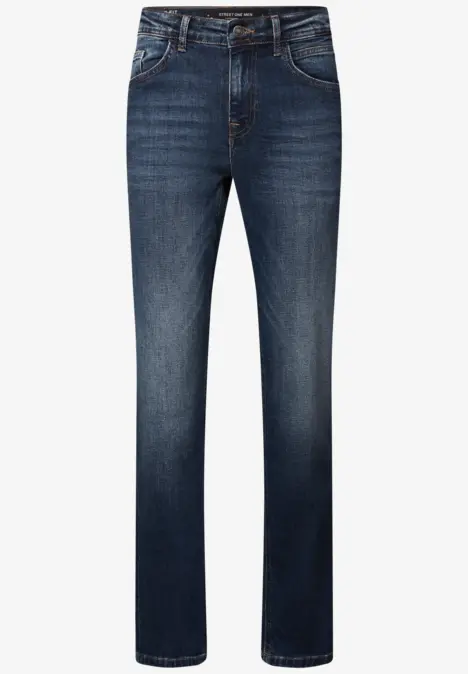 Dunkelblaue Jeanshose mit geradem Schnitt und klassischen Taschen.