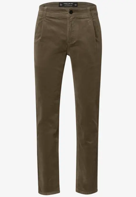 Olivegrüne Cordhose mit geradem Schnitt und Knopfverschluss vorne.