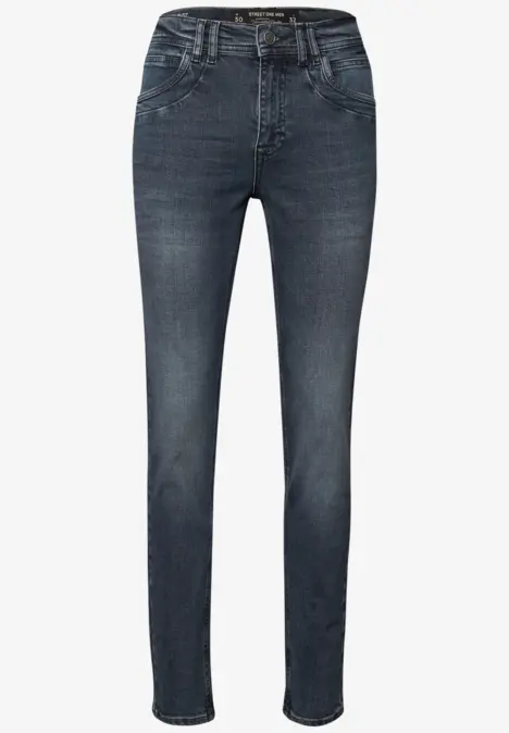 Dunkelblaue Damenjeans mit geradem Schnitt und fünf Taschen.