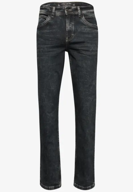Schwarze Jeanshose mit geradem Schnitt und fünf Taschen.