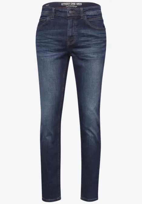 Dunkelblaue Herrenjeans mit schmalem Schnitt.
