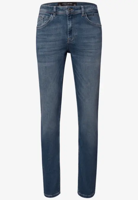 Schlichte, gerade geschnittene blaue Jeanshose aus Denim mit klassischem Five-Pocket-Design.