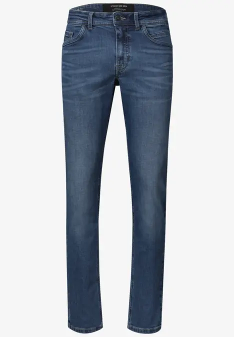 Blaues, gerade geschnittenes Jeans mit klassischem 5-Pocket-Design und mittlerer Waschung.