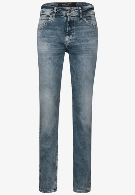Lässige dunkelblaue Jeans im klassischen Five-Pocket-Stil mit geradem Bein.