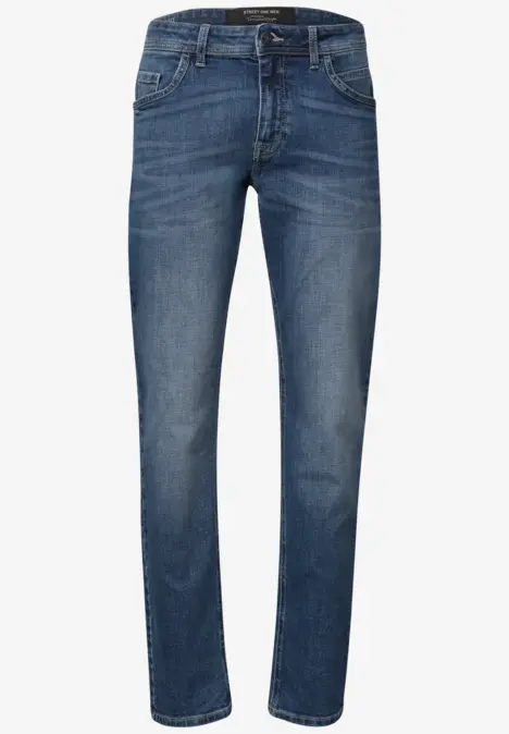 Dunkelblaue Jeanshose mit geradem Schnitt und klassischer Five-Pocket-Optik.