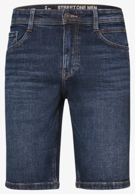Dunkle Jeans-Shorts bis übers Knie, fünf Taschen, gerader Schnitt