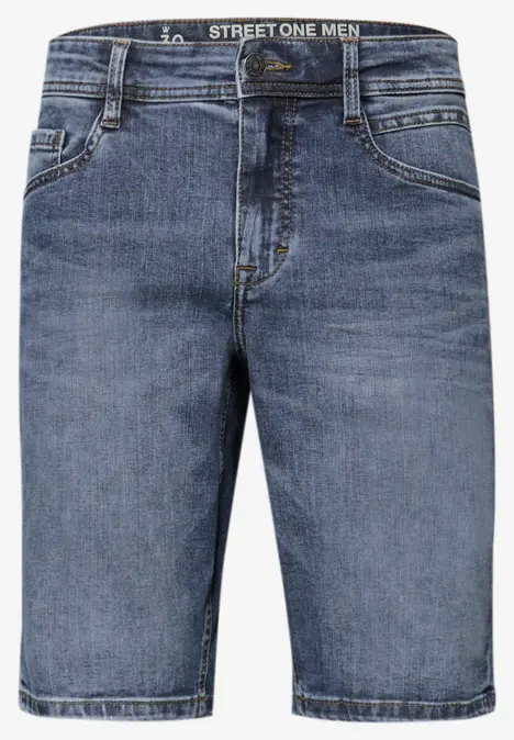 Dunkelblaue Herren-Jeansshorts mit fünf Taschen und geradem Schnitt.