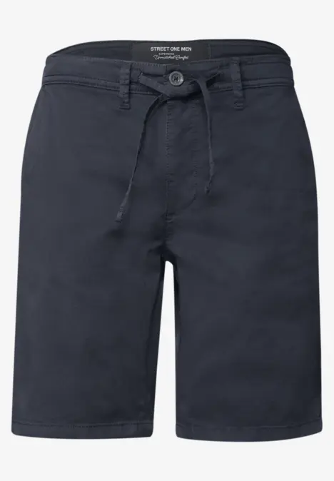 Dunkelblaue Herren-Chino-Shorts mit Kordelzug und Knopfverschluss.