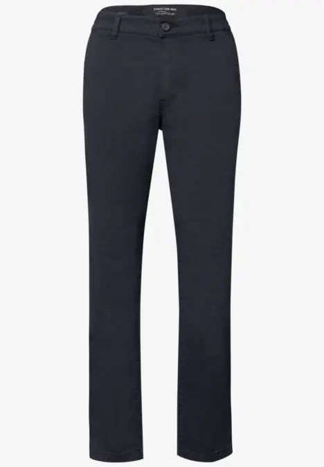 Dunkelgraue, schlichte Chinohose mit geradem Schnitt und Gürtelschlaufen.