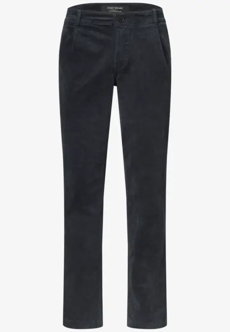 Schwarze Cordhose mit geradem Schnitt und klassischen Seitentaschen.
