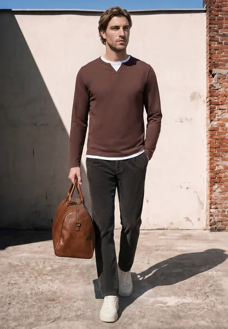 Ein Mann in braunem Pullover und dunkler Hose trägt eine Tasche vor einer Wand.