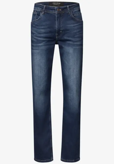 Dunkelblaue Jeans mit geradem Schnitt und klassischen Taschen.