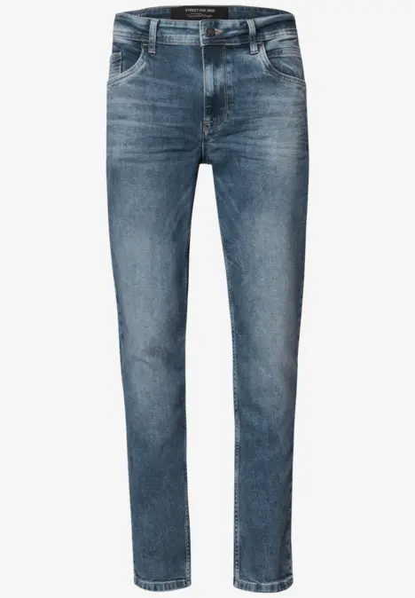 Blau-gewaschene Jeanshose mit geradem Schnitt und klassischem Five-Pocket-Design