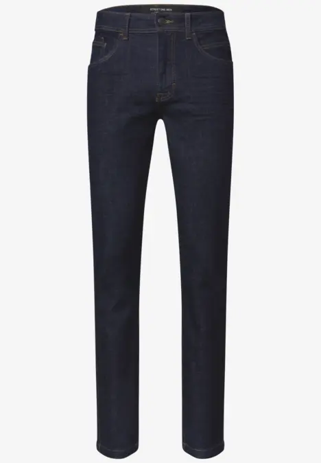Dunkelblaue, gerade geschnittene Jeanshose mit klassischen fünf Taschen und Kontrastnähten.