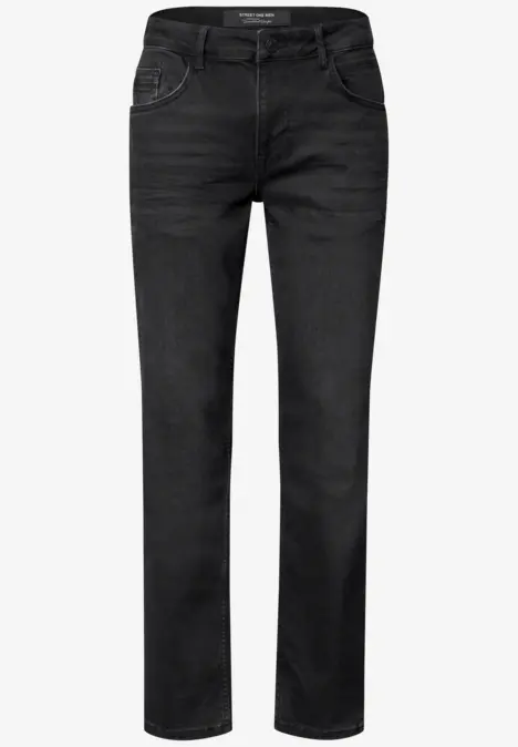 Schlichte schwarze Jeans in geradem Schnitt mit fünf Taschen und Reißverschluss.