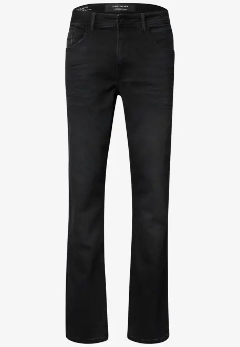Schwarze Jeans in geradem Schnitt mit hoher Taille.