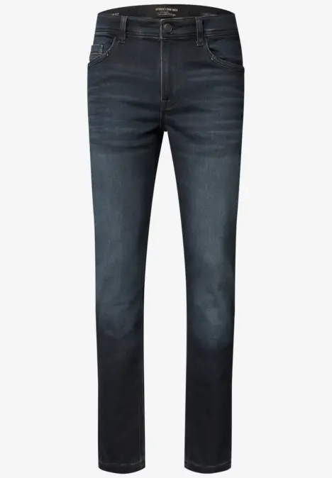 Jean droit bleu foncé à cinq poches avec léger effet délavé pour un style classique.