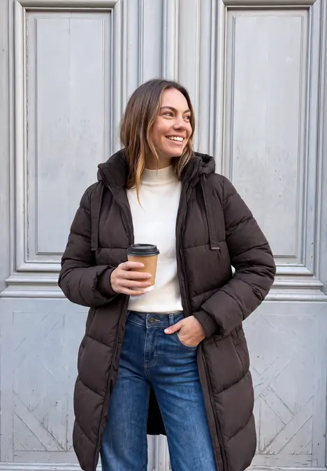 Eine lächelnde Frau in brauner Daunenjacke hält einen Coffee-to-go vor einer weißen Tür.