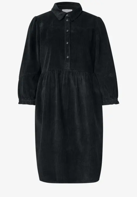 Schwarzes, knielanges Cordkleid mit Hemdkragen, Knopfleiste und geraffter Taille, langen Ärmeln.