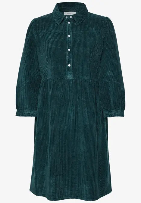 Dunkelgrünes Cordkleid mit Hemdkragen, Knopfleiste, tailliertem Bund und 3/4-Ballonärmeln.