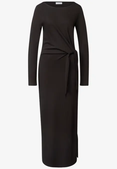 Schwarzes, langärmeliges Midikleid mit seitlichem Knotendetail und figurbetonter Passform.