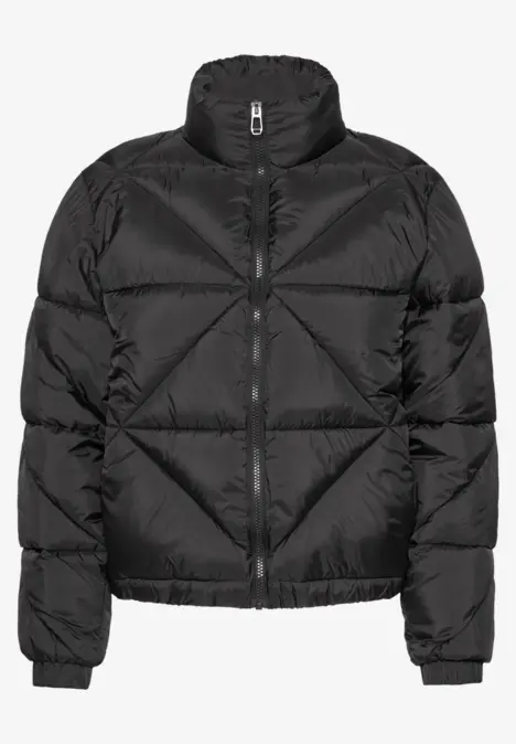 Schwarze, wattierte Steppjacke mit Stehkragen und Reißverschluss