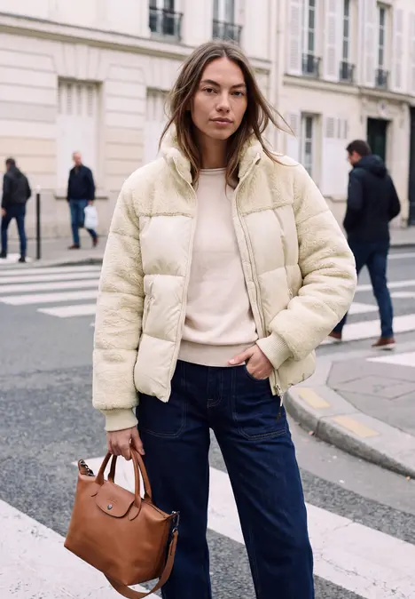 Frau in cremefarbener Steppjacke, beigem Pullover und Jeans mit brauner Ledertasche vor Stadtkulisse.