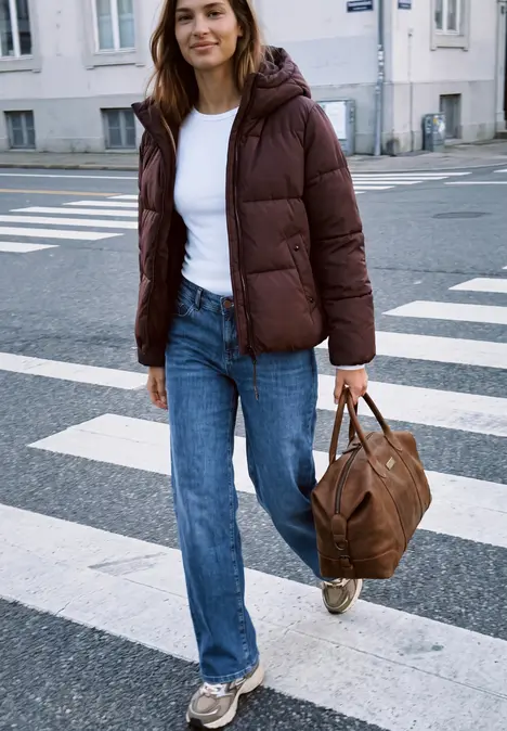 Frau in brauner Steppjacke und Jeans trägt Tasche beim Überqueren eines Zebrastreifens in der Stadt.