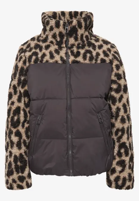 Kurz geschnittener Leo-Fleece-Pullover mit gesteppter Front und Reißverschluss