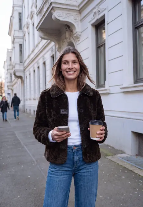 Jeune femme en jean et veste, souriante dans la rue, tenant un smartphone et un café à emporter.