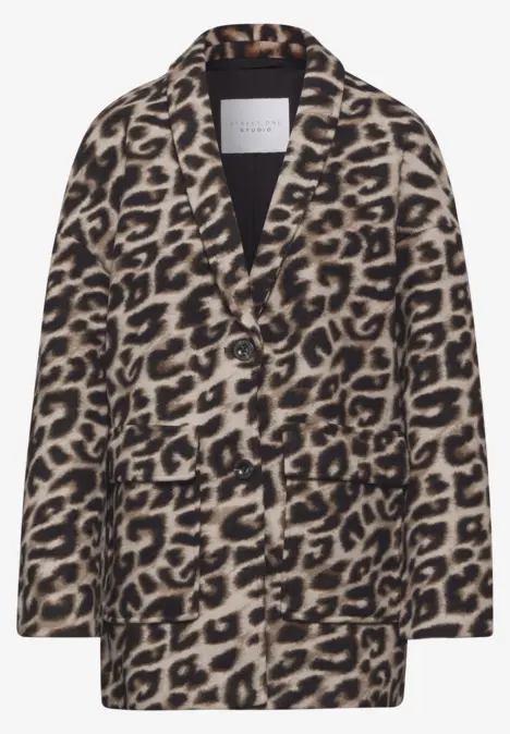 Leopardenmuster-Mantel mit zwei Knöpfen und großen Taschen.