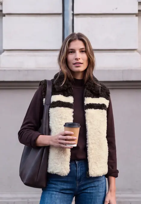 Frau in Weste aus Teddyfell hält Kaffee to go, trägt Jeans und Tasche, steht vor Hausfassade.