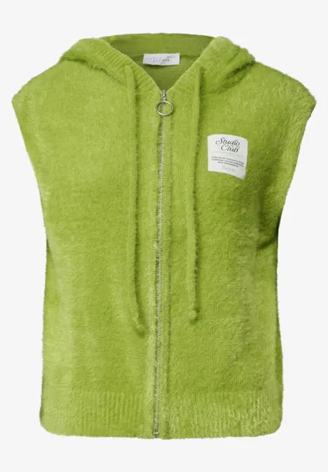 Grüne, ärmellose Kapuzenweste aus flauschigem Frottee mit Reißverschluss und Ring-Zipper.
