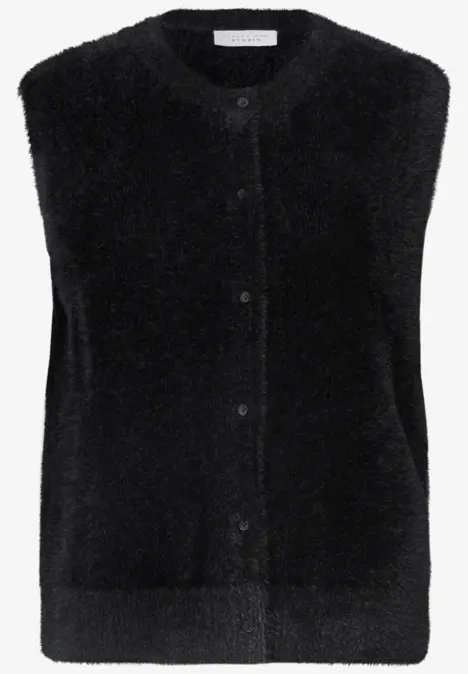 Schwarze, flauschige, ärmellose Strickweste mit Rundhalsausschnitt und Knopfleiste.