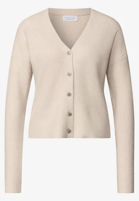 Beiger, kurz geschnittener Cardigan mit V-Ausschnitt und Knopfleiste