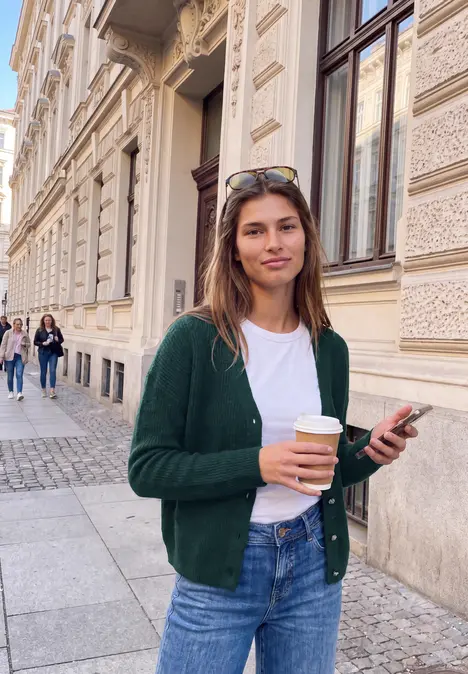 Junge Frau mit Kaffeebecher und Handy steht vor Gebäudefassade in urbaner Kopfsteinpflasterstraße.