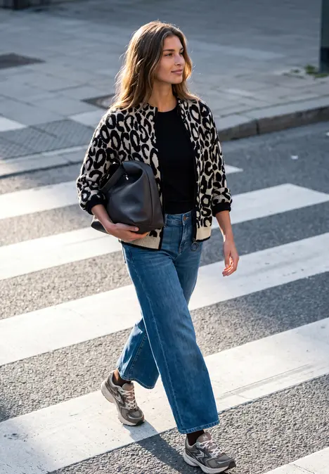 Eine Frau überquert einen Zebrastreifen, trägt eine Leopardenjacke, Jeans und Sneakers und hält eine schwarze Tasche.
