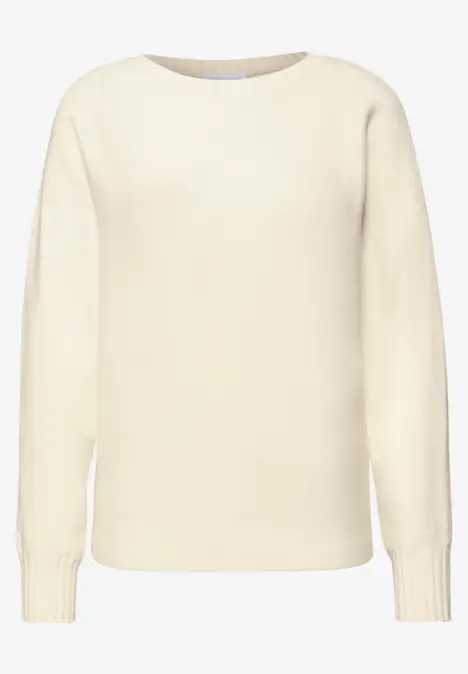 Cremeweißer Pullover mit Rundhalsausschnitt und langen Ärmeln.