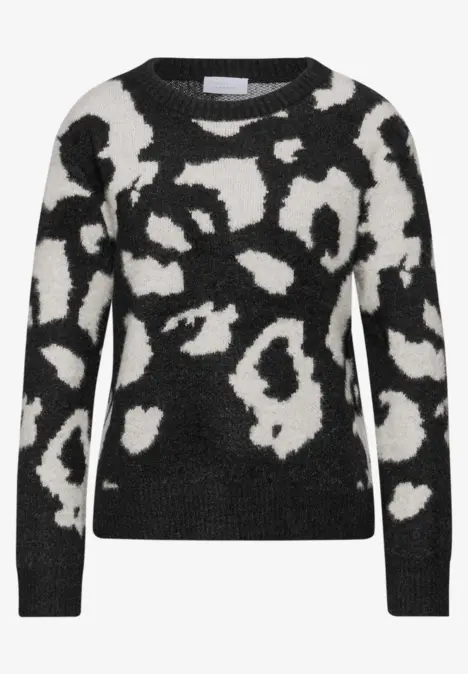Schwarzer Strickpulli mit weißem, abstraktem Tierprint-Muster und Rundhalsausschnitt.