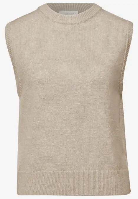 Ärmelloses Strick-Oberteil in Beige mit Rundhalsausschnitt und geripptem Saum.