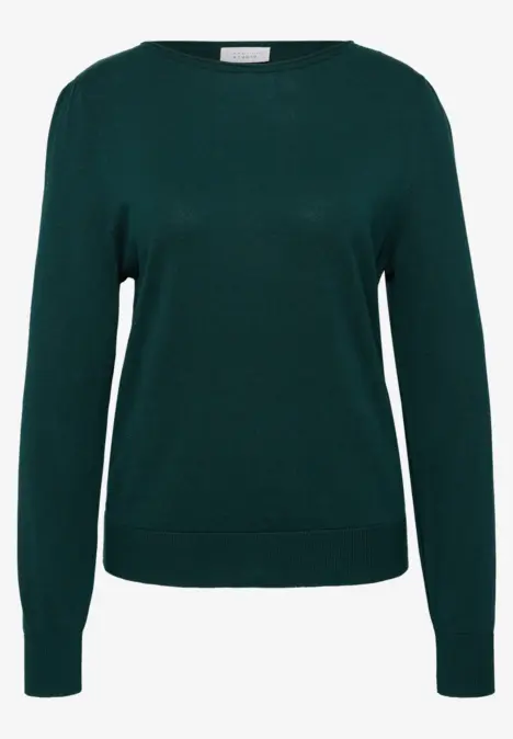 Pull uni vert foncé à col rond avec manches longues.