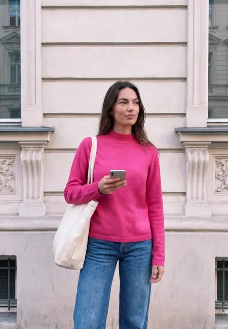 Eine Frau in pinkem Pullover und Jeans hält ein Smartphone und eine Tasche vor einem weißen Gebäude.