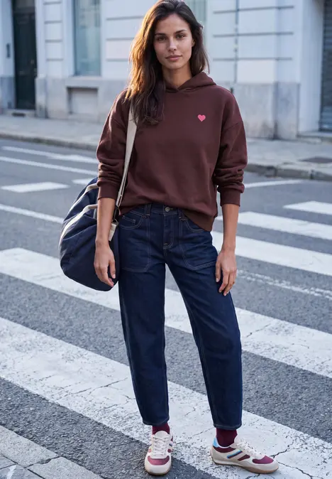 Frau in braunem Kapuzenpullover und Jeans mit Sneakers steht auf einem Zebrastreifen in urbaner Straße.