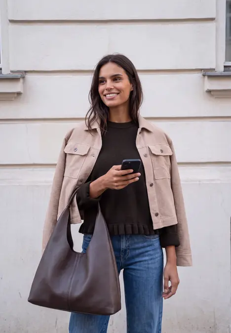 Eine lächelnde Frau mit Handy, Jeans und Tasche vor einer Hauswand.