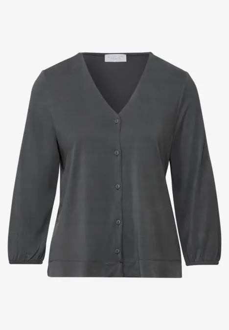Dunkelgraue Damenbluse mit V-Ausschnitt und Knopfleiste.